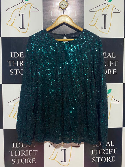 M&CO |L| BUST 23| A17| WOMEN'S GLAMOROUS EMERALD GREEN SEQUIN LONG-SLEEVE BLOUSE
