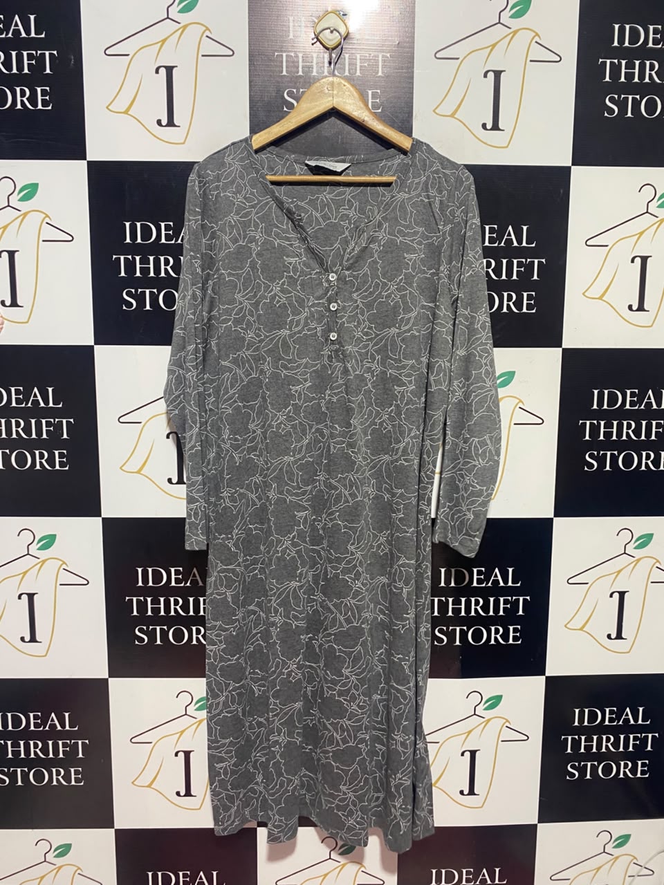 CALM X COSY |L| BUST 21| A17| WOMEN'S CASUAL GREY FLORAL OUTLINE BUTTON-DOWN DRESS