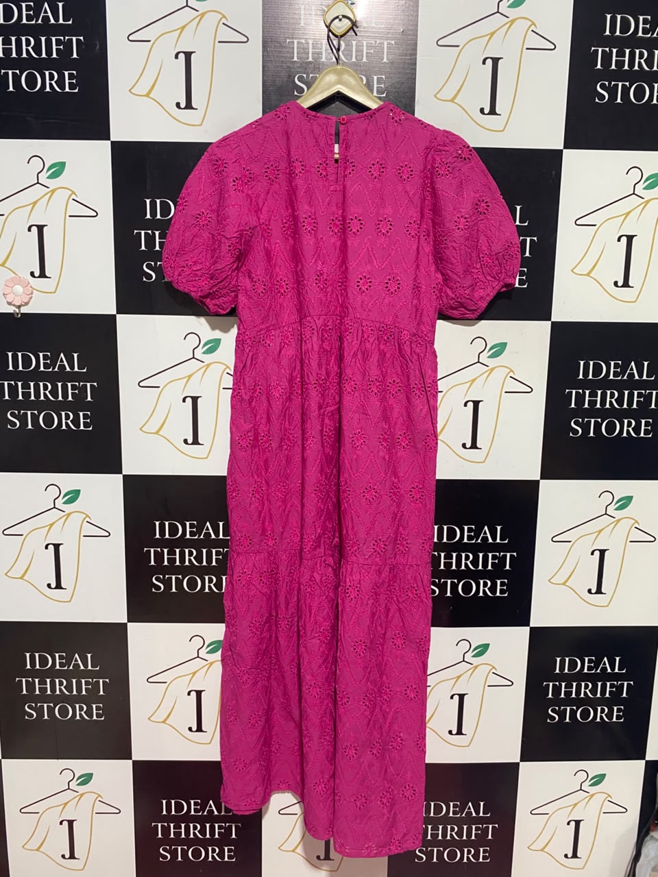 ETHINC |M| BUST 17| A17| WOMEN'S VIBRANT PINK EMBROIDERED EYELET PUFF-SLEEVE MAXI DRESS