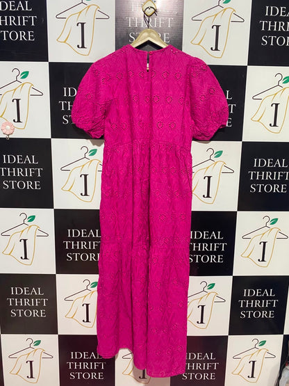 ETHINC |M| BUST 17| A17| WOMEN'S VIBRANT PINK EMBROIDERED EYELET PUFF-SLEEVE MAXI DRESS