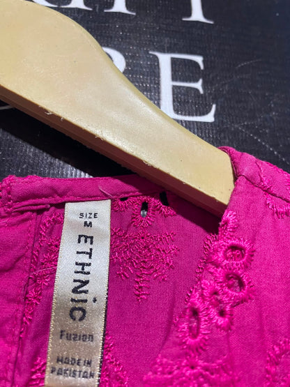 ETHINC |M| BUST 17| A17| WOMEN'S VIBRANT PINK EMBROIDERED EYELET PUFF-SLEEVE MAXI DRESS