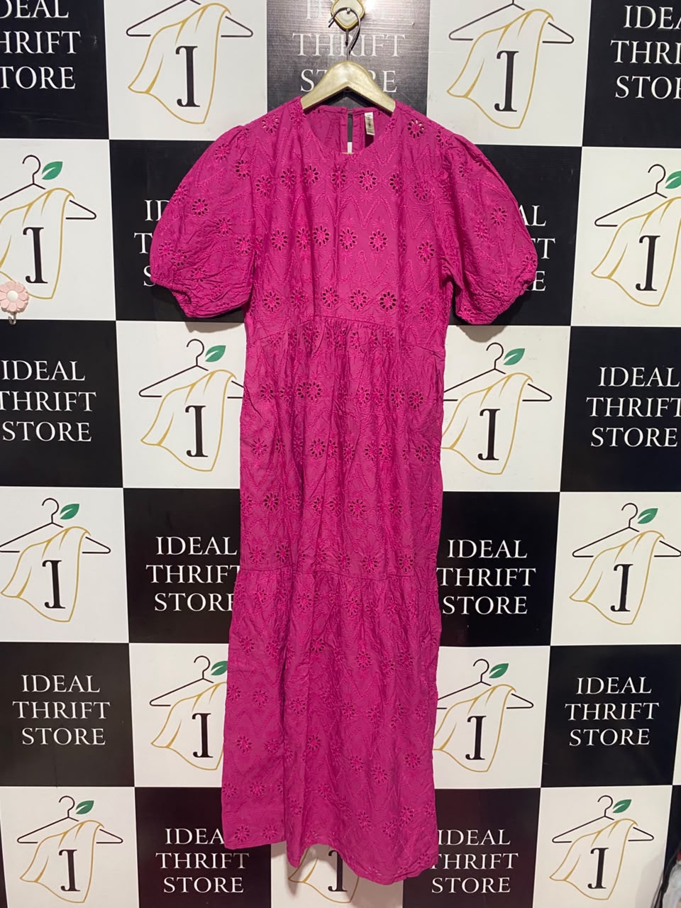 ETHINC |M| BUST 17| A17| WOMEN'S VIBRANT PINK EMBROIDERED EYELET PUFF-SLEEVE MAXI DRESS