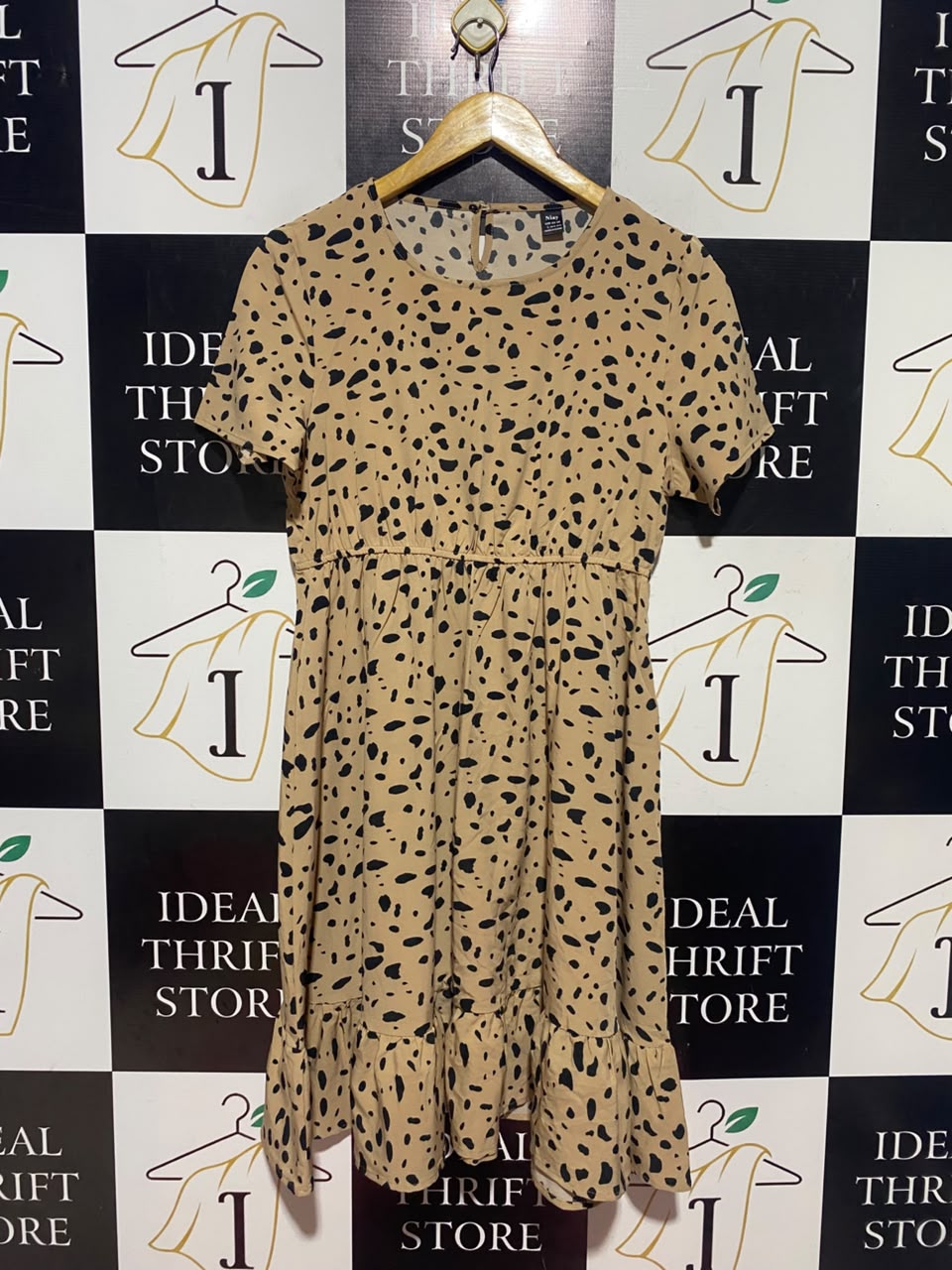 NIAY |L| BUST 18| A17| WOMEN'S TAN & BLACK ABSTRACT SPOT PRINT MIDI DRESS