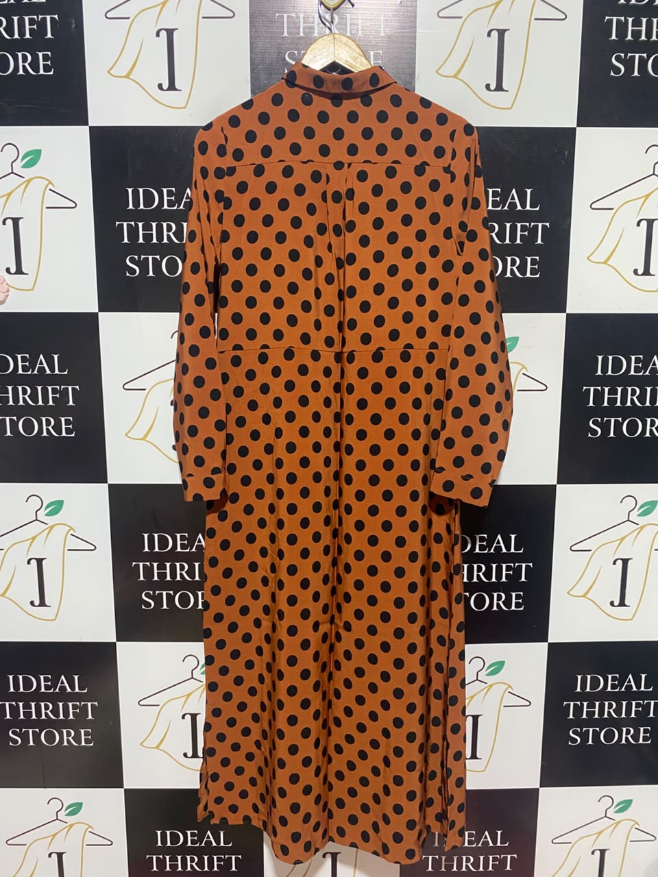 PAPAYA |M| BUST 18| A16| WOMEN'S VINTAGE-INSPIRED RUST & BLACK POLKA DOT SHIRT DRESS