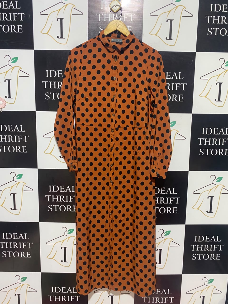 PAPAYA |M| BUST 18| A16| WOMEN'S VINTAGE-INSPIRED RUST & BLACK POLKA DOT SHIRT DRESS