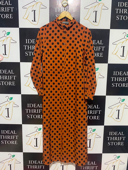 PAPAYA |M| BUST 18| A16| WOMEN'S VINTAGE-INSPIRED RUST & BLACK POLKA DOT SHIRT DRESS