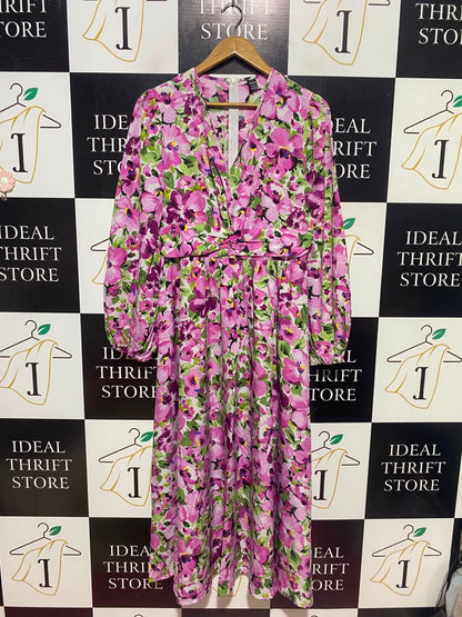 SHEIN |L| BUST 18| A16| WOMEN'S VIBRANT PINK & GREEN FLORAL WRAP-STYLE MAXI DRESS