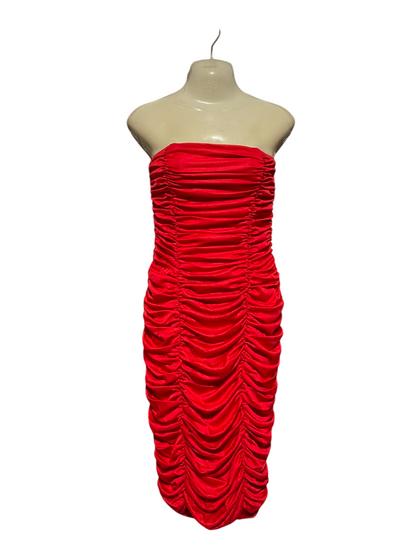 TRARILLA |L| BUST 15| A18| VIBRANT RED RUCHED STRAPLESS BODYCON DRESS