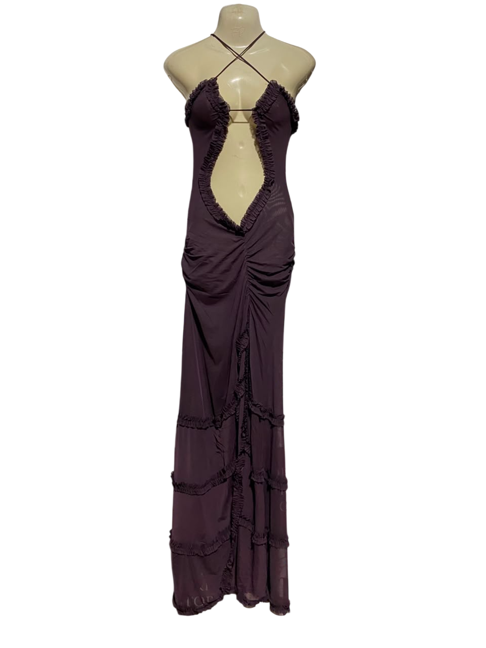 |XS| BUST 12| A18| DEEP PLUM HALTER-NECK CUT-OUT MAXI DRESS WITH RUFFLED DETAIL