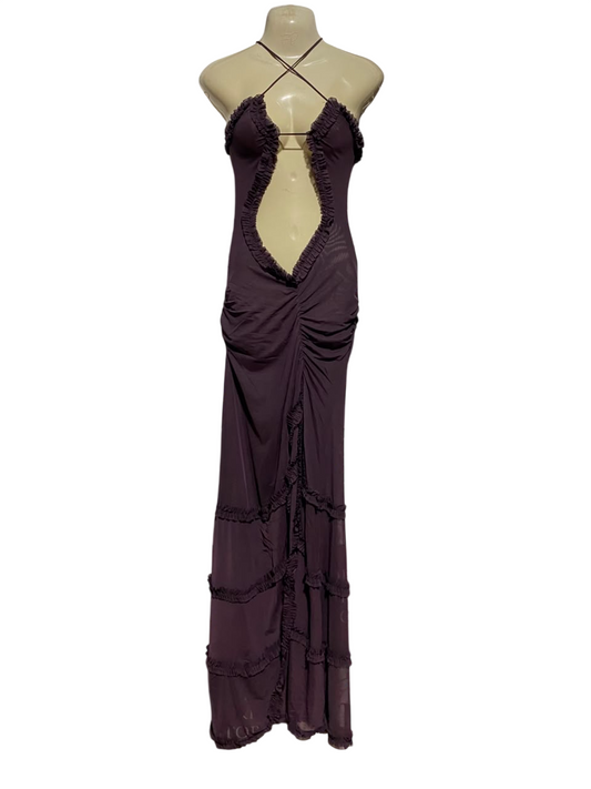 |XS| BUST 12| A18| DEEP PLUM HALTER-NECK CUT-OUT MAXI DRESS WITH RUFFLED DETAIL
