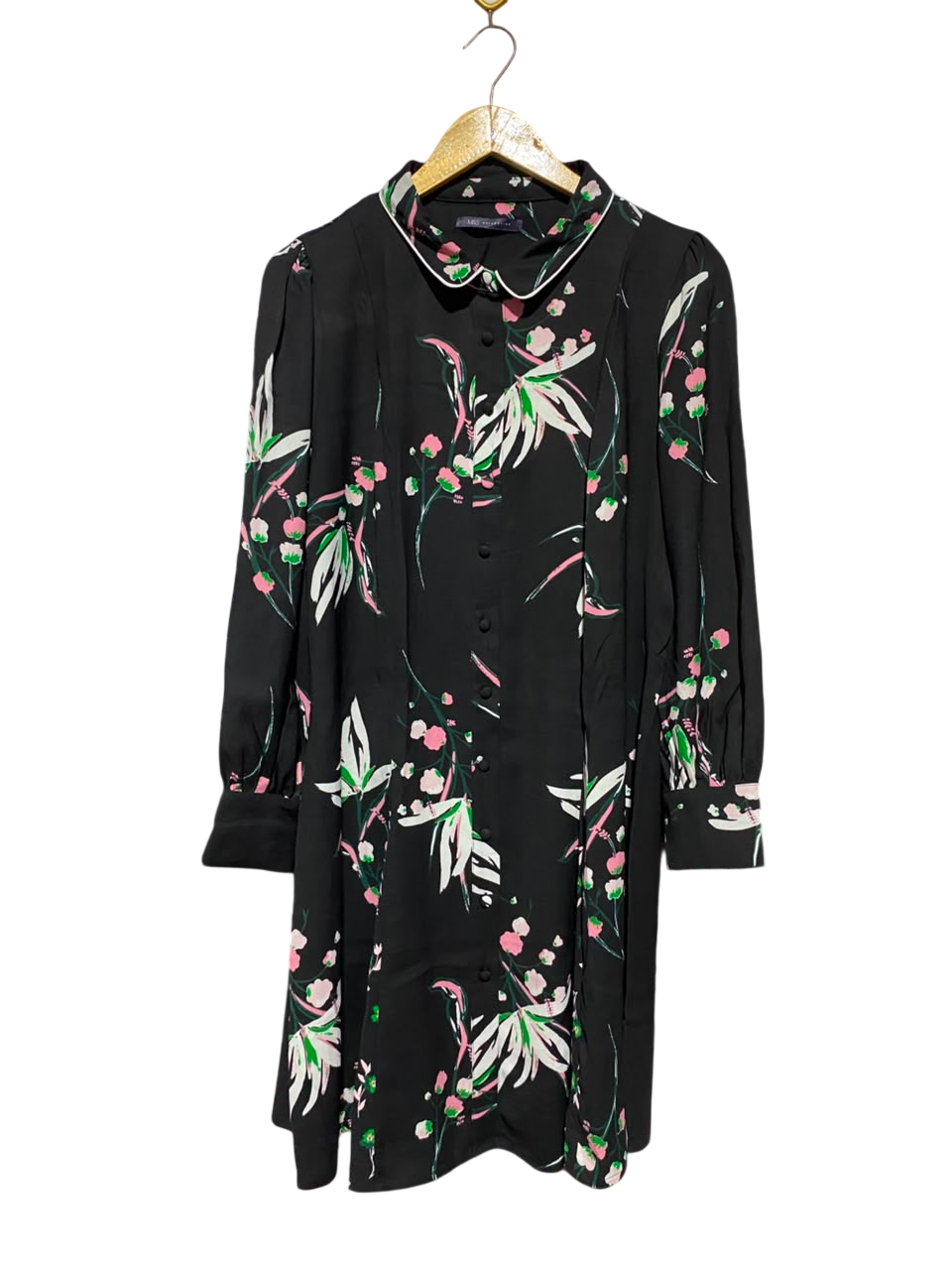 M&S |L| BUST 21| A18| WOMEN’S BLACK FLORAL PRINT SHIRT DRESS WITH CONTRAST COLLAR