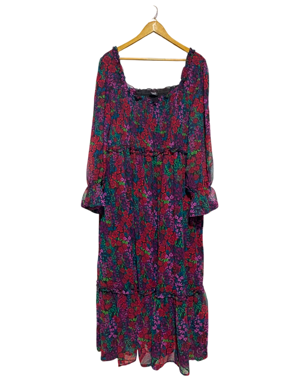 SOMPLY BE |L| BUST 20| A18| WOMEN’S FLORAL PRINT LONG-SLEEVE MIDI DRESS WITH RUFFLE DETAIL