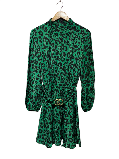 |M| BUST 18| A18| BOLD GREEN ANIMAL PRINT LONG-SLEEVE DRESS WITH O-RING BELT