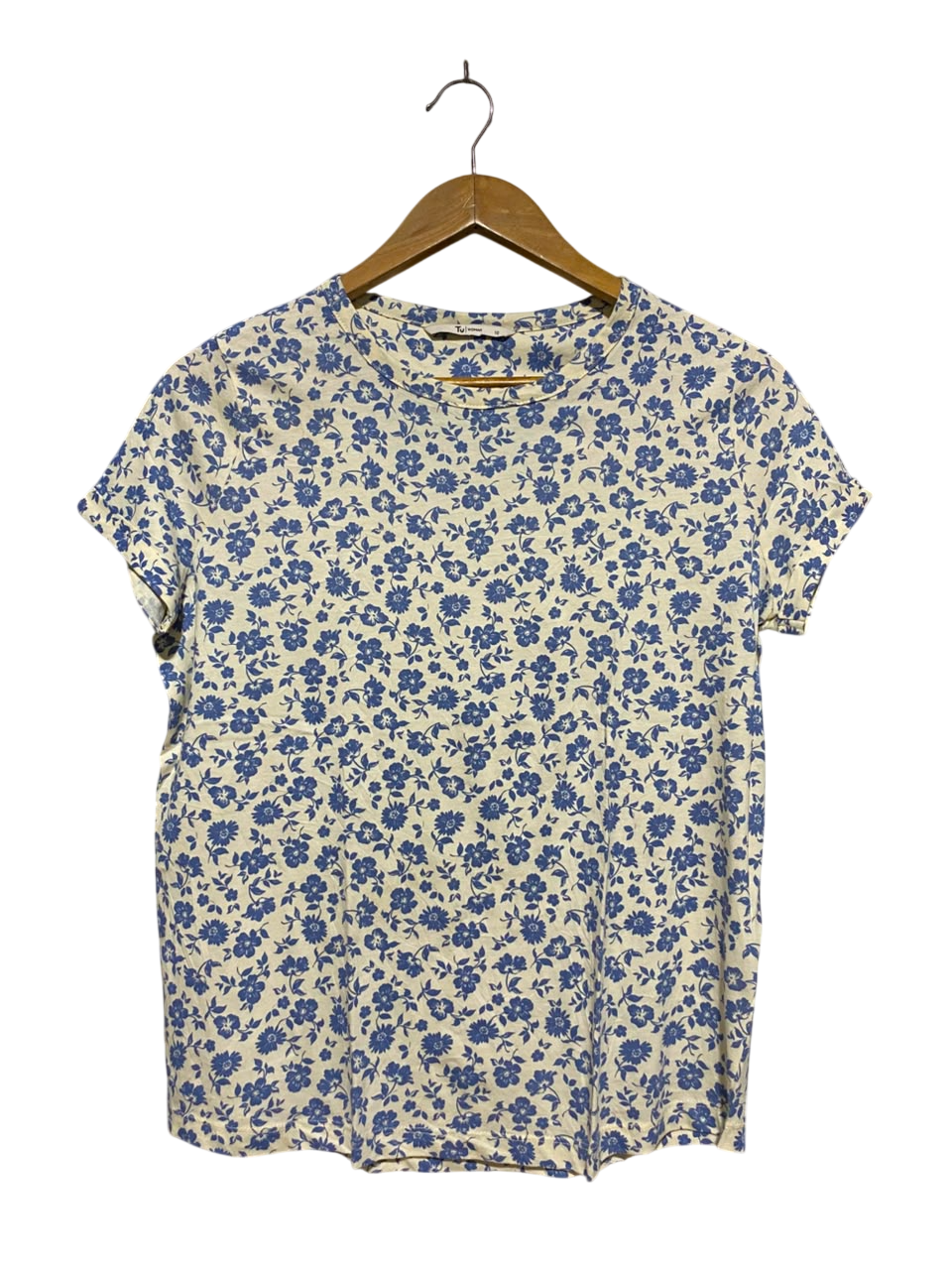 TU WOMAN |L| BUST 19| A18| CREAM AND BLUE FLORAL PRINT CREW-NECK T-SHIRT