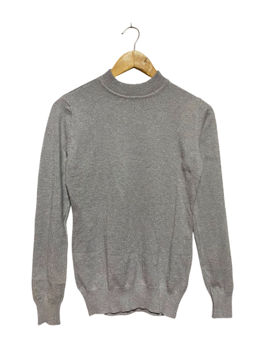 WIT GIRL |L/XL| BUST 17| A18| WOMEN’S SILVER METALLIC SHIMMER MOCK NECK LONG-SLEEVE TOP
