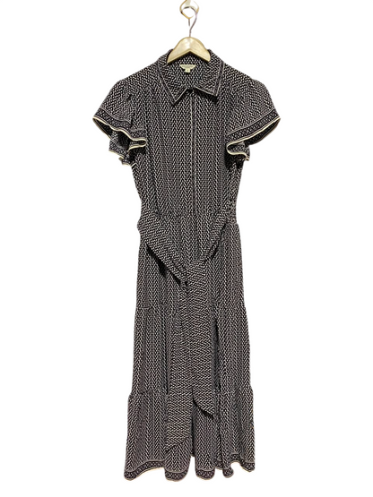 MAX STUDIO |S| BUST 17| A18| WOMEN’S BLACK AND WHITE GEOMETRIC PRINT MIDI SHIRT DRESS WITH TIE-WAIST