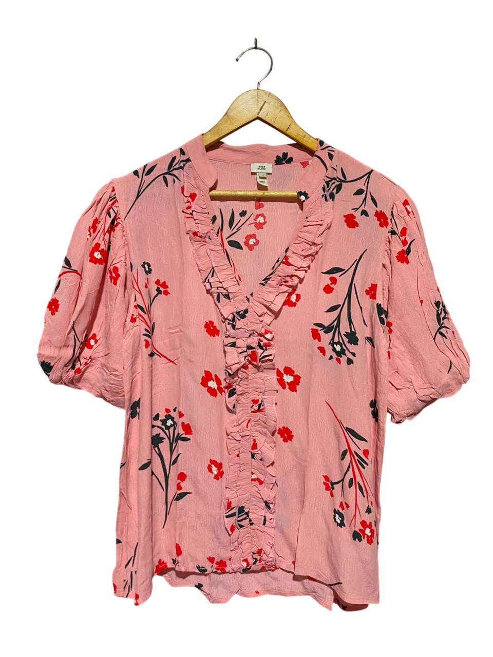 RIVER ISLAND |M| BUST 20| A18| WOMEN’S PINK FLORAL PRINT BLOUSE WITH RUFFLE DETAIL