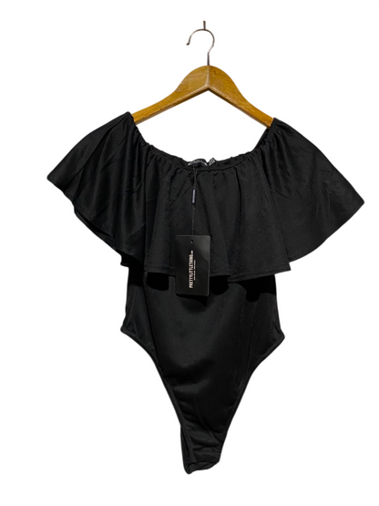 PRETTYLITTLE THING |S| BUST 14| A18| WOMEN’S BLACK OFF-SHOULDER RUFFLE BODYSUIT