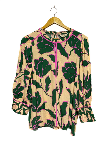 LOVE & ROSES |L| BUST 23| A18| WOMEN’S FLORAL PRINT LONG-SLEEVE BLOUSE WITH CONTRAST PIPING
