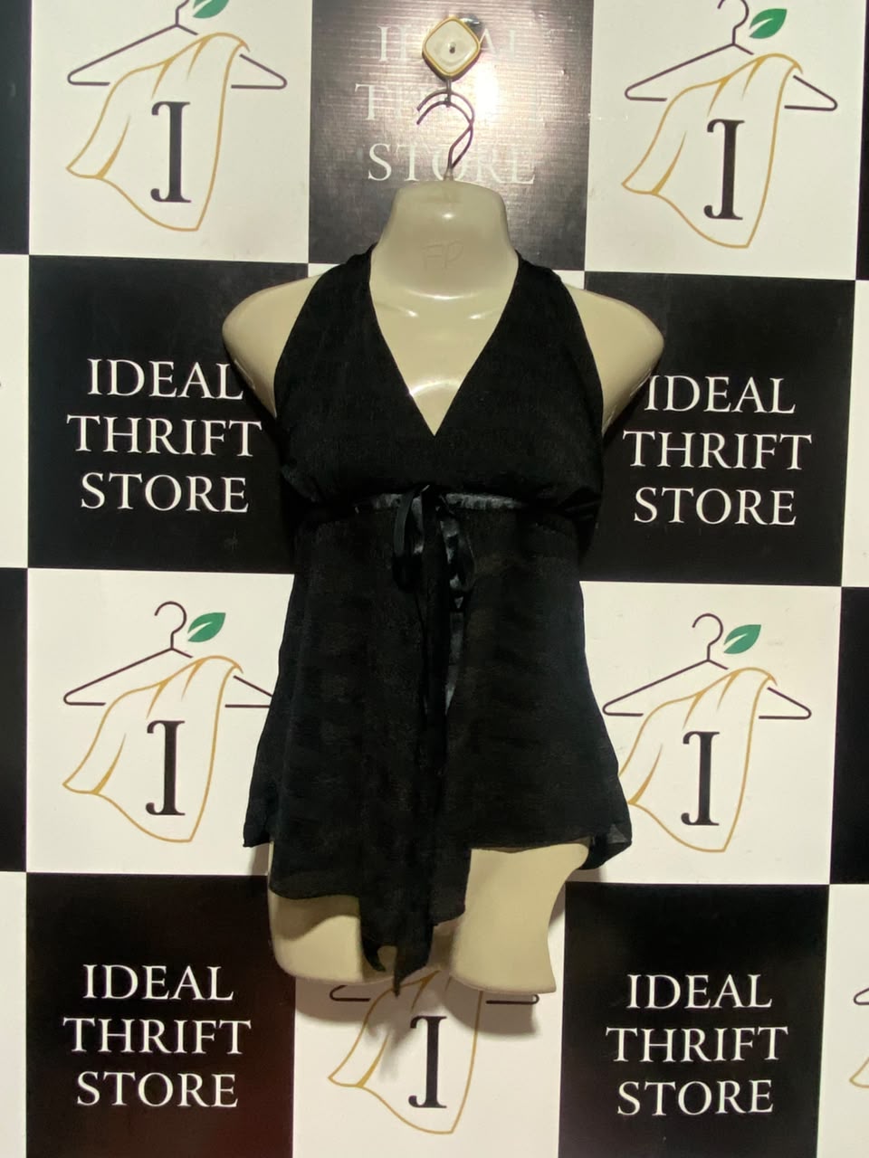 |S| BUST 16| A18| WOMEN’S ELEGANT BLACK HALTER NECK TOP WITH RIBBON TIE-FRONT