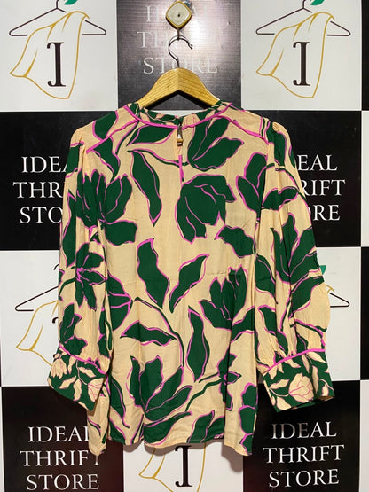 LOVE & ROSES |L| BUST 23| A18| WOMEN’S FLORAL PRINT LONG-SLEEVE BLOUSE WITH CONTRAST PIPING