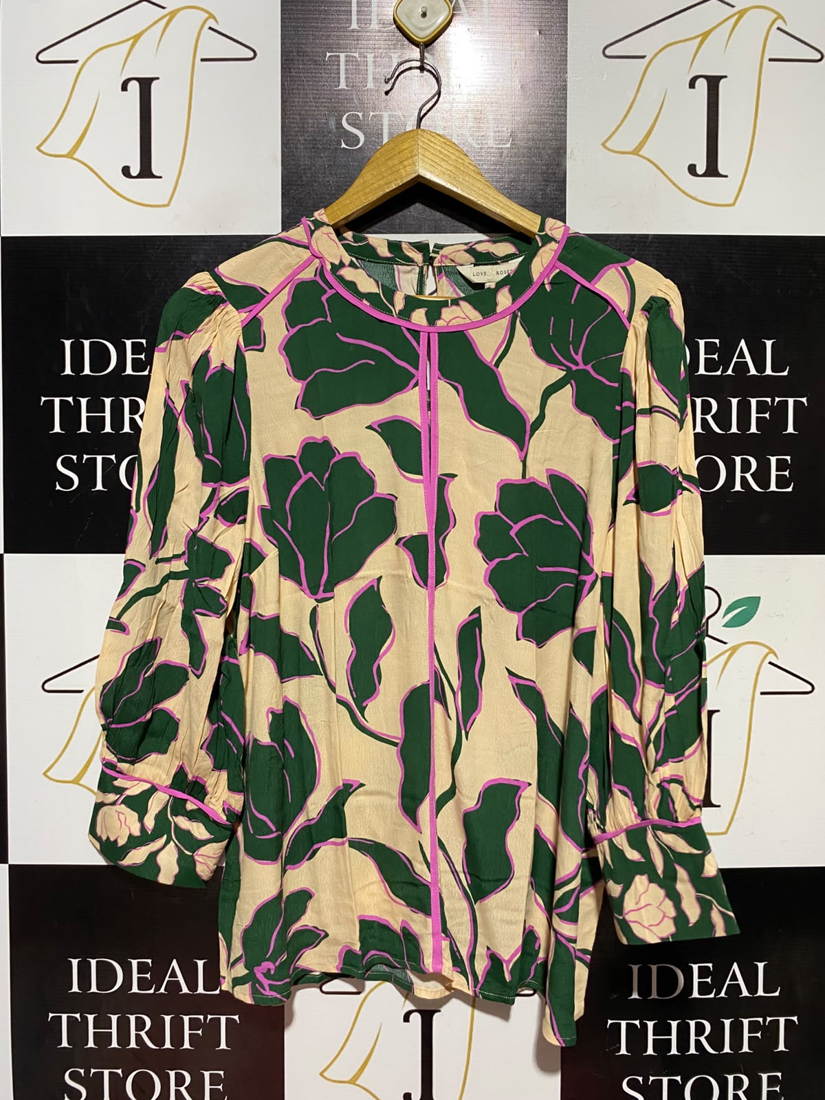 LOVE & ROSES |L| BUST 23| A18| WOMEN’S FLORAL PRINT LONG-SLEEVE BLOUSE WITH CONTRAST PIPING