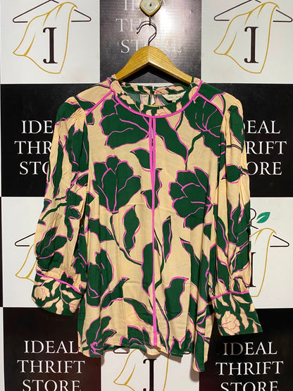 LOVE & ROSES |L| BUST 23| A18| WOMEN’S FLORAL PRINT LONG-SLEEVE BLOUSE WITH CONTRAST PIPING