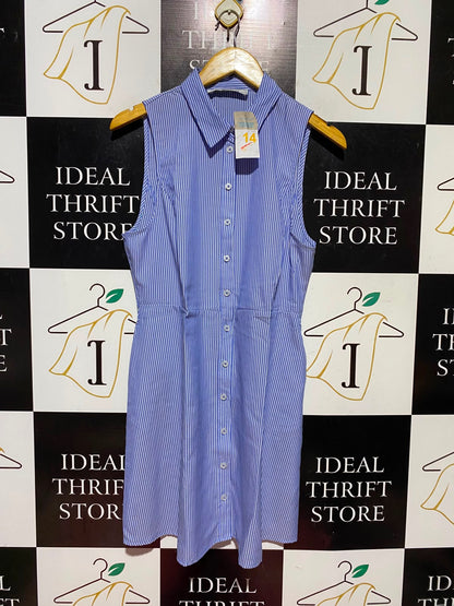 PRIMARK |M| BUST 18| A18| WOMEN’S BLUE AND WHITE STRIPED SLEEVELESS SHIRT DRESS