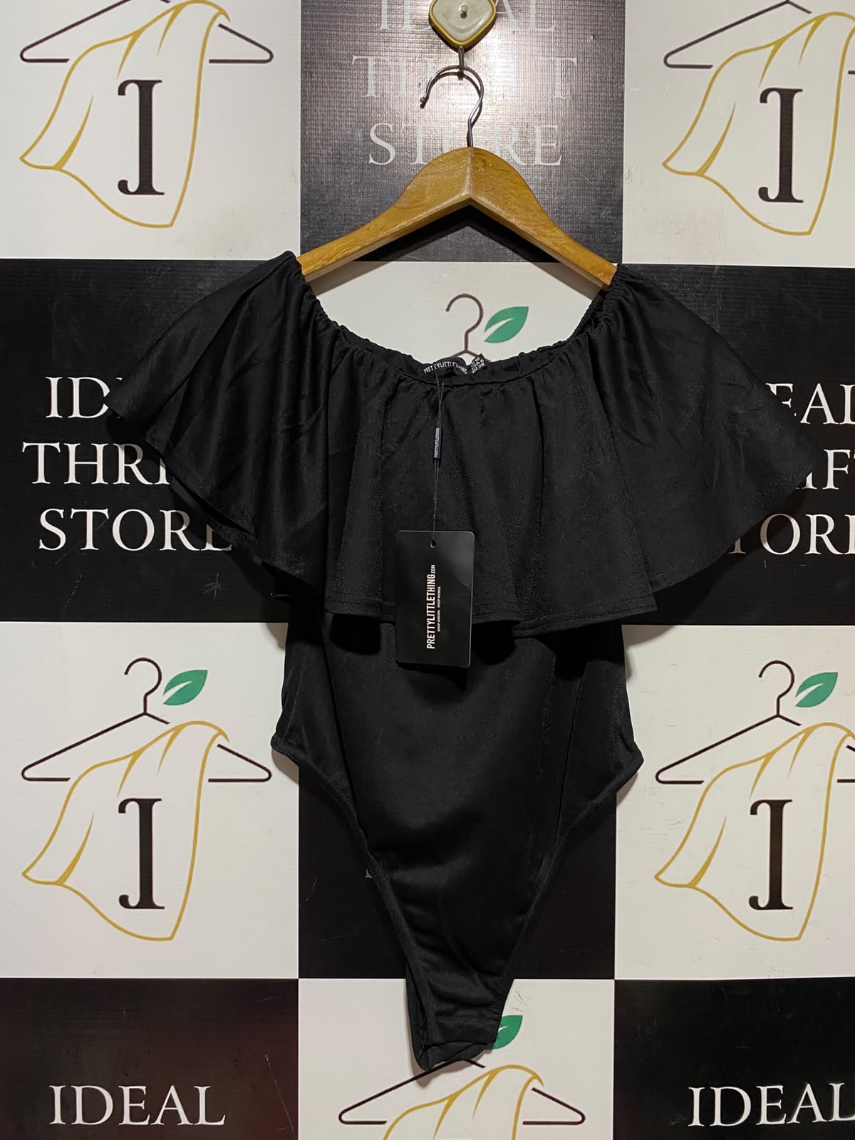 PRETTYLITTLE THING |S| BUST 14| A18| WOMEN’S BLACK OFF-SHOULDER RUFFLE BODYSUIT
