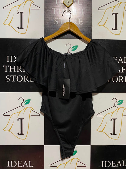 PRETTYLITTLE THING |S| BUST 14| A18| WOMEN’S BLACK OFF-SHOULDER RUFFLE BODYSUIT