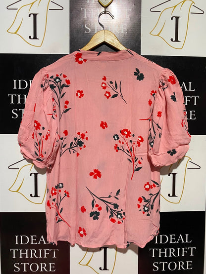 RIVER ISLAND |M| BUST 20| A18| WOMEN’S PINK FLORAL PRINT BLOUSE WITH RUFFLE DETAIL