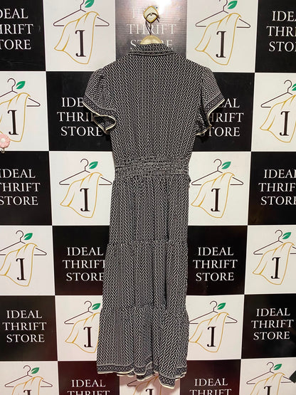 MAX STUDIO |S| BUST 17| A18| WOMEN’S BLACK AND WHITE GEOMETRIC PRINT MIDI SHIRT DRESS WITH TIE-WAIST