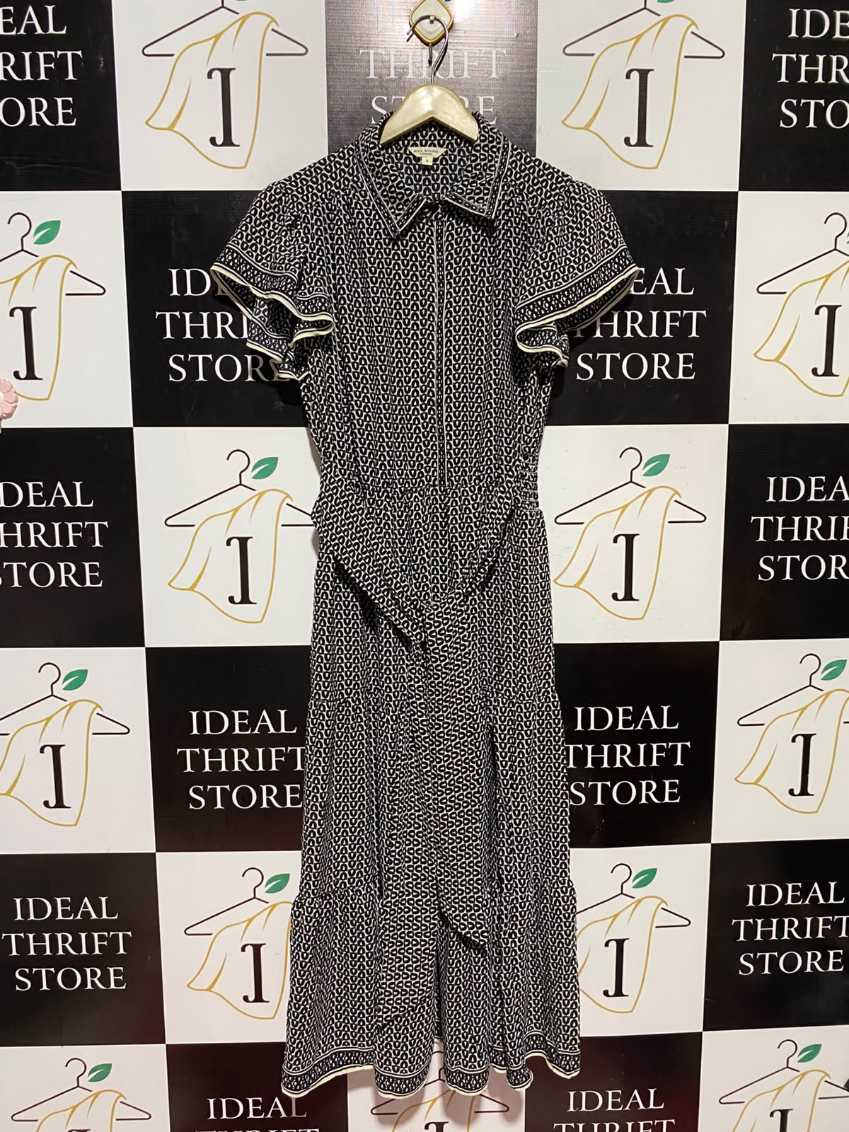 MAX STUDIO |S| BUST 17| A18| WOMEN’S BLACK AND WHITE GEOMETRIC PRINT MIDI SHIRT DRESS WITH TIE-WAIST