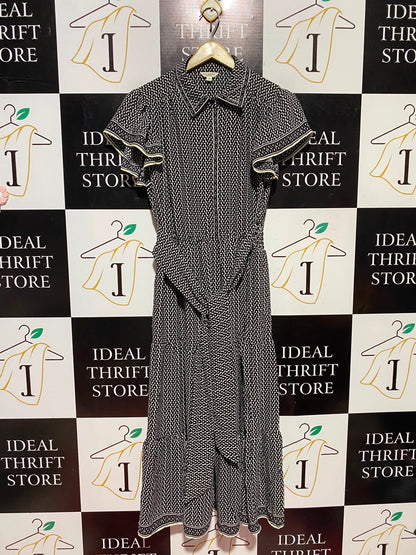 MAX STUDIO |S| BUST 17| A18| WOMEN’S BLACK AND WHITE GEOMETRIC PRINT MIDI SHIRT DRESS WITH TIE-WAIST