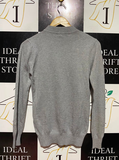 WIT GIRL |L/XL| BUST 17| A18| WOMEN’S SILVER METALLIC SHIMMER MOCK NECK LONG-SLEEVE TOP