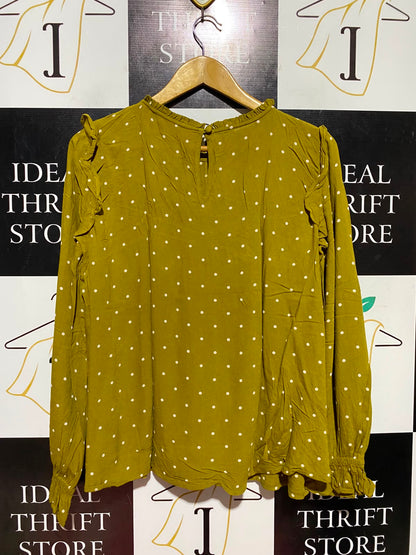 M&S |M| BUST 23| A18| WOMEN’S OLIVE GREEN POLKA DOT LONG-SLEEVE BLOUSE