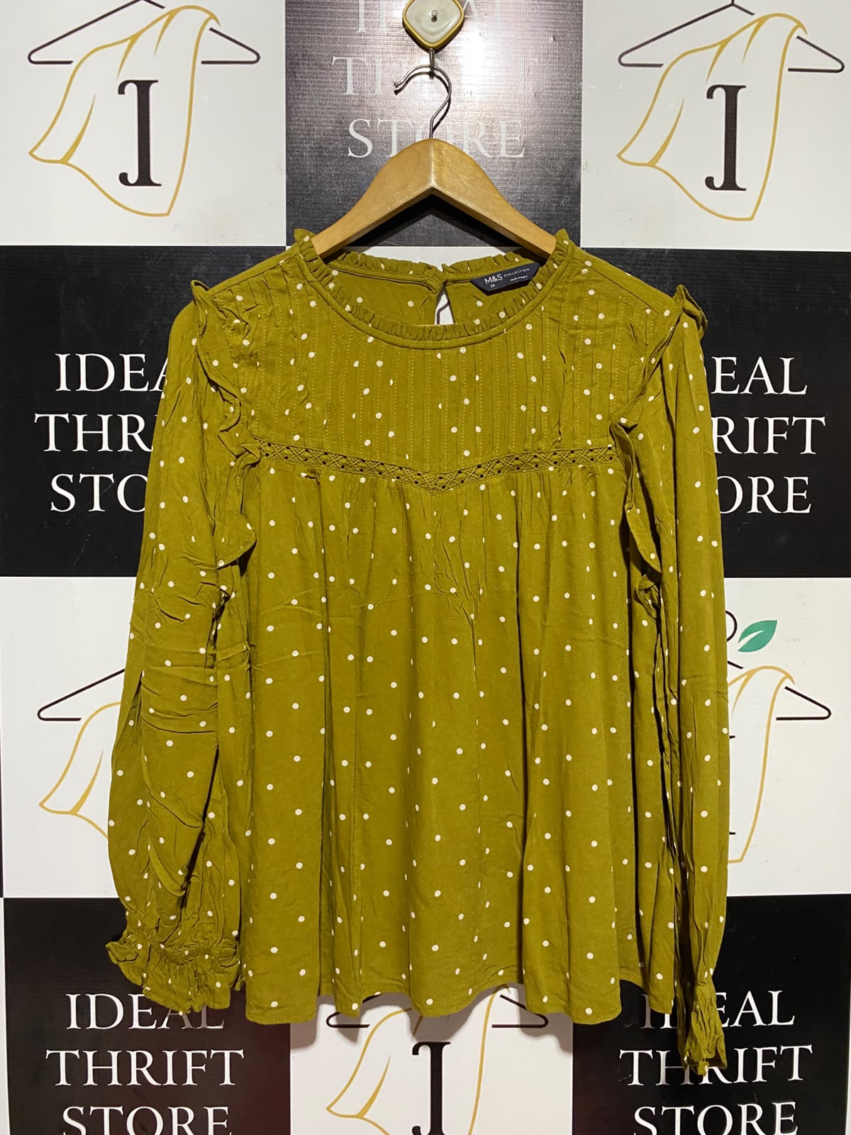 M&S |M| BUST 23| A18| WOMEN’S OLIVE GREEN POLKA DOT LONG-SLEEVE BLOUSE