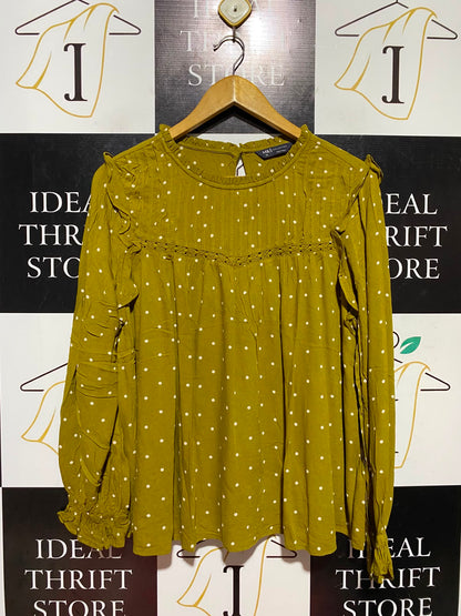 M&S |M| BUST 23| A18| WOMEN’S OLIVE GREEN POLKA DOT LONG-SLEEVE BLOUSE