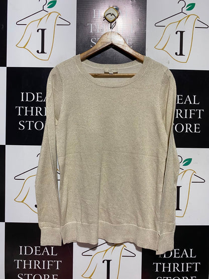 LOFT |S| BUST 18| A18| WOMEN’S METALLIC GOLD SHIMMER CREW-NECK LONG-SLEEVE SWEATER