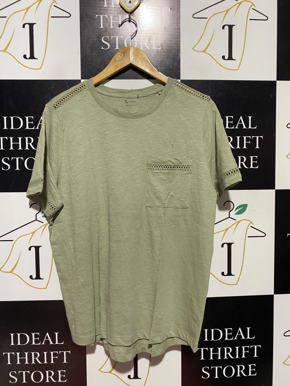 TU |L| BUST 20| A18| WOMEN’S OLIVE GREEN T-SHIRT WITH LACE TRIM DETAIL