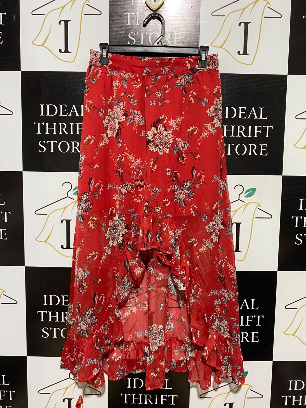 IVER ISLAND |M| WAIST 28| A18| WOMEN’S VIBRANT RED FLORAL PRINT HI-LO RUFFLE SKIRT