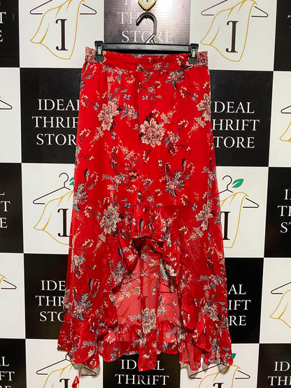 IVER ISLAND |M| WAIST 28| A18| WOMEN’S VIBRANT RED FLORAL PRINT HI-LO RUFFLE SKIRT