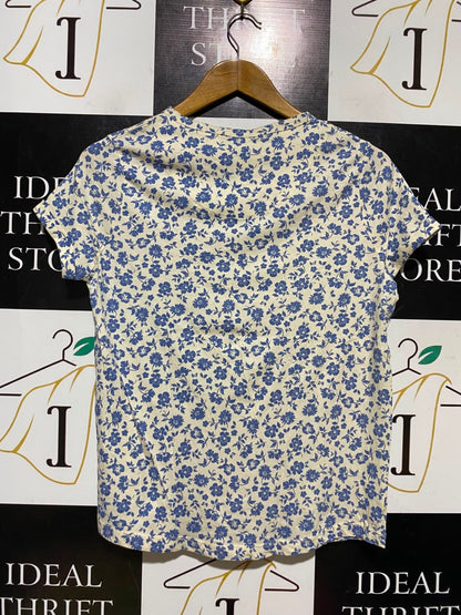TU WOMAN |L| BUST 19| A18| CREAM AND BLUE FLORAL PRINT CREW-NECK T-SHIRT