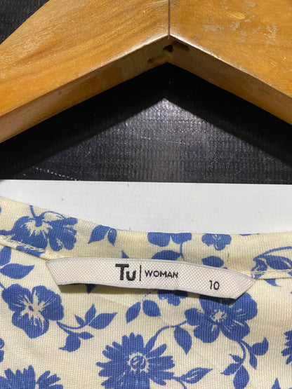 TU WOMAN |L| BUST 19| A18| CREAM AND BLUE FLORAL PRINT CREW-NECK T-SHIRT