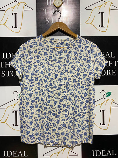 TU WOMAN |L| BUST 19| A18| CREAM AND BLUE FLORAL PRINT CREW-NECK T-SHIRT