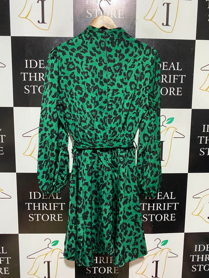 |M| BUST 18| A18| BOLD GREEN ANIMAL PRINT LONG-SLEEVE DRESS WITH O-RING BELT