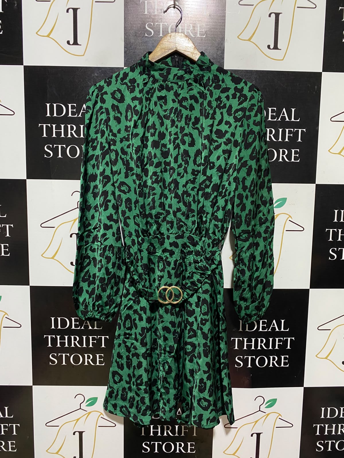 |M| BUST 18| A18| BOLD GREEN ANIMAL PRINT LONG-SLEEVE DRESS WITH O-RING BELT
