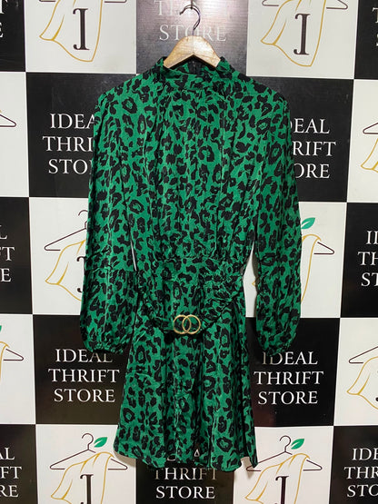 |M| BUST 18| A18| BOLD GREEN ANIMAL PRINT LONG-SLEEVE DRESS WITH O-RING BELT