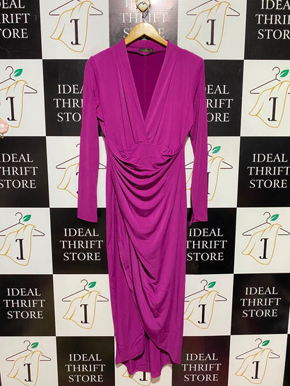 JENERIQUE |M| BUST 18| A18| WOMEN'S VIBRANT MAGENTA V-NECK RUCHED MIDI DRESS