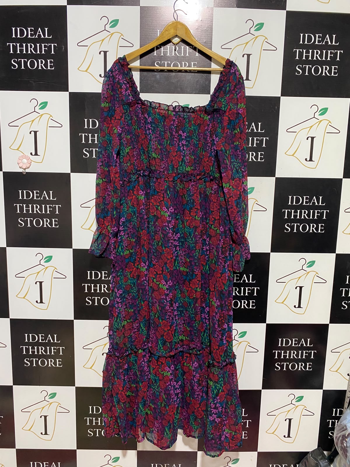SOMPLY BE |L| BUST 20| A18| WOMEN’S FLORAL PRINT LONG-SLEEVE MIDI DRESS WITH RUFFLE DETAIL
